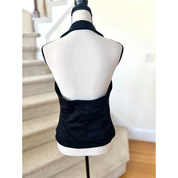 Vintage Y2K Cache Black White Floral Embroidered Beaded Halter Tuxedo Vest - Picture 2 of 7